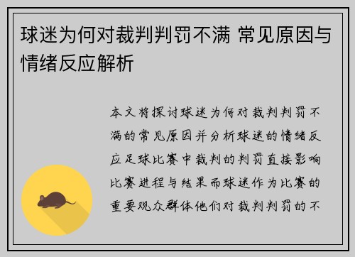 球迷为何对裁判判罚不满 常见原因与情绪反应解析